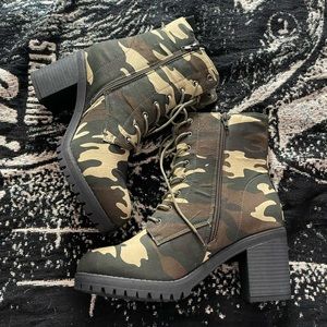 Camo print heeled boots
